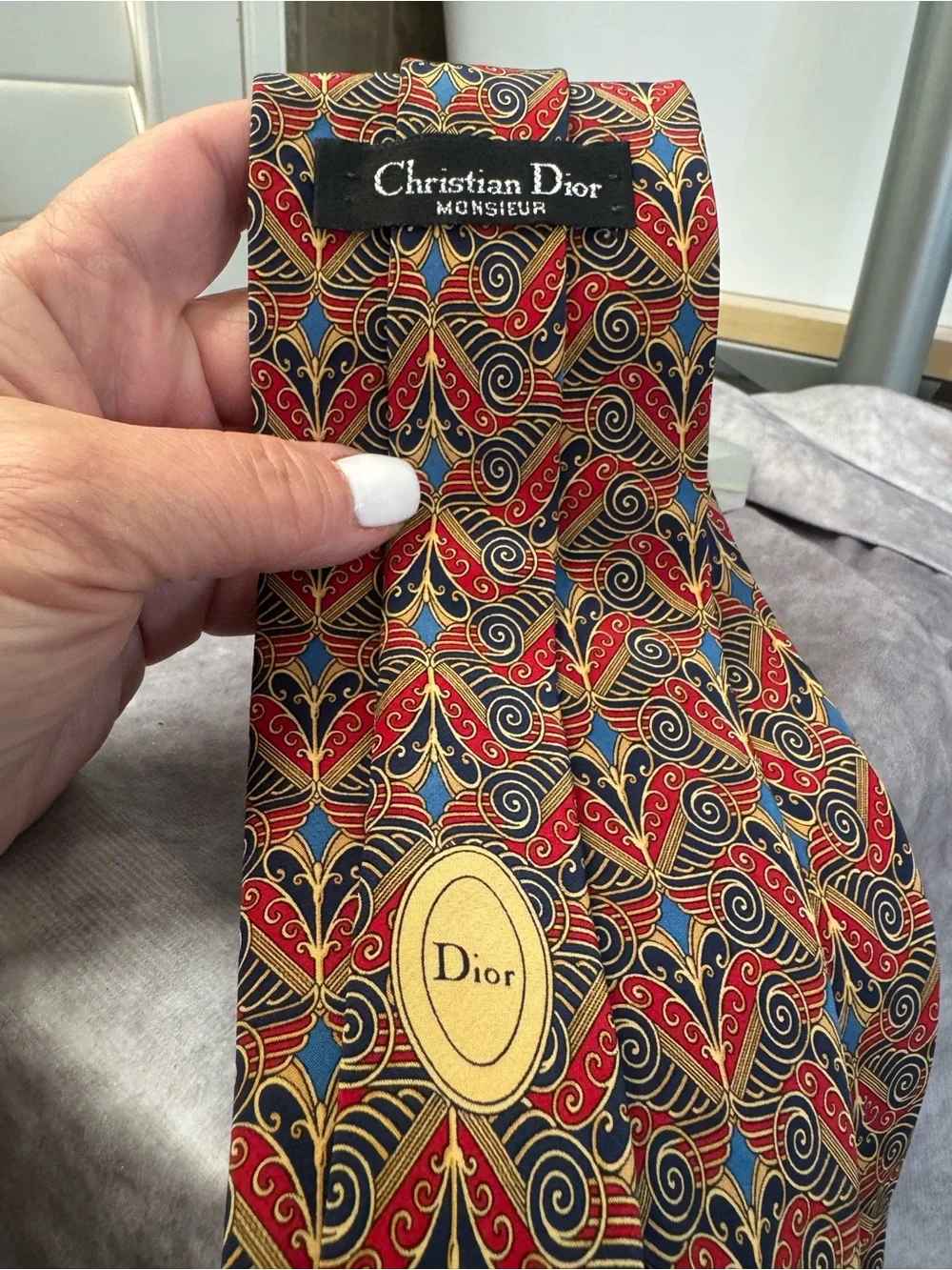 Dior Mens Vibrant‎ Silk Red, Blue and Gold Ornate Silk Tie